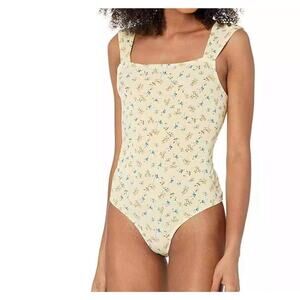BCBGeneration Yellow Floral Thong New Bodysuit Snap Closure Sleeveless Womens Lg